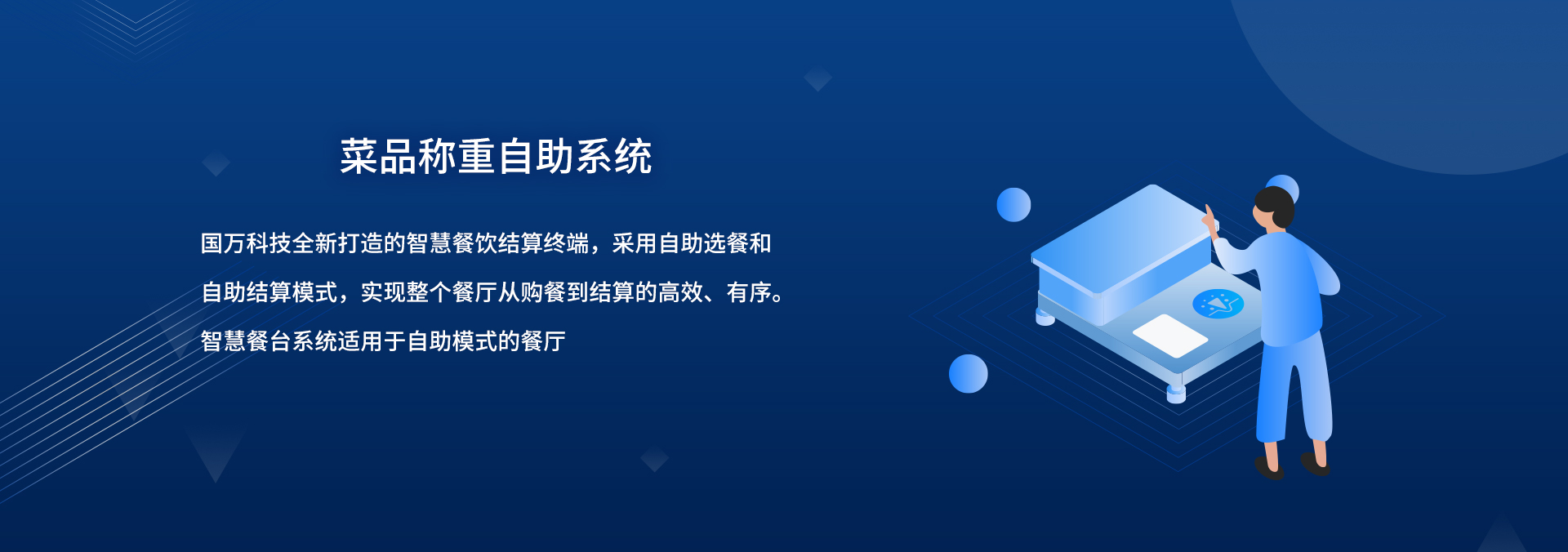 國(guó)萬(wàn)智慧食堂自助餐智能菜品稱(chēng)重系統(tǒng)來(lái)襲啦，就餐人員關(guān)注公眾號(hào)后進(jìn)行自助充值，取餐盤(pán)進(jìn)行信息綁定；取餐時(shí)自行夾菜，菜品稱(chēng)重機(jī)無(wú)感自動(dòng)稱(chēng)重，系統(tǒng)自動(dòng)結(jié)算。